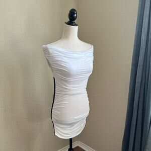 Bebe White Ruched Off Shoulder Mini Dress with Black side Zippers Small
